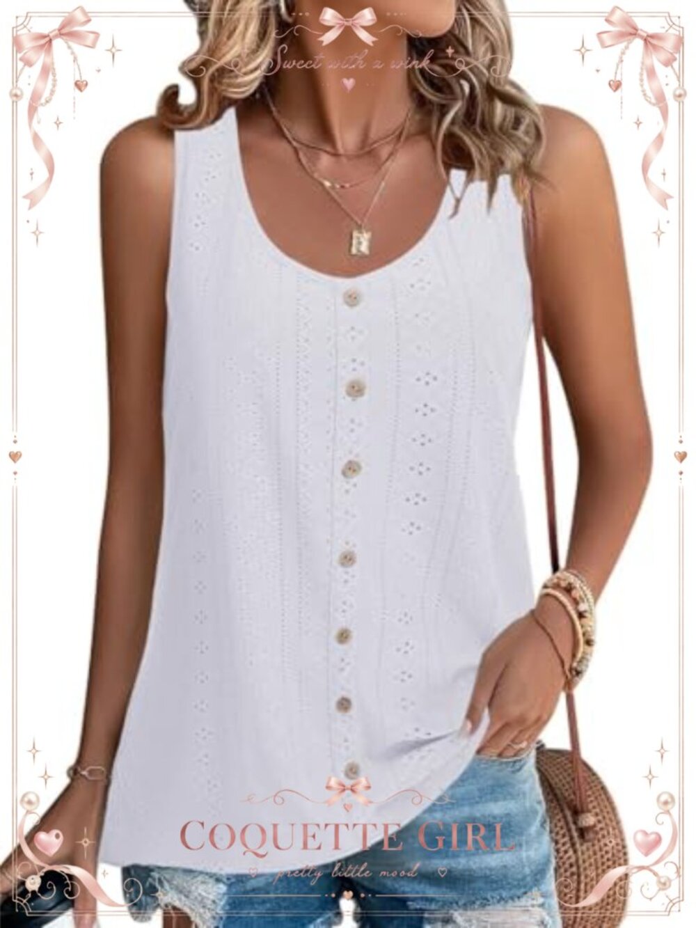 Women Eyelet Tank Top Button Front Sleeveless Summer Tunic